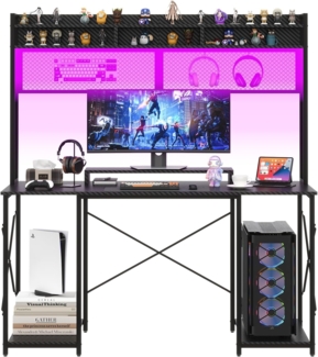 JUMMICO Gaming Tisch Schreibtisch 120 x 60 x 162 cm mit USB-Anschluss und Steckdose, Schreibtisch Computertisch mit Regal und Monitorständer LED-Beleuchtung, PC Tisch fürs Homeoffice (Schwarz)
