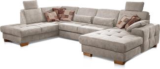 CAVADORE Wohnlandschaft Puccino mit Federkern, Bettfunktion, Bettkasten, Sitztiefenverstellung und 2 Kopfstützen / Sofa in U-Form im Landhausstil / 340 x 86 x 224 cm / Mikrofaser Creme