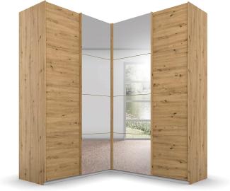 Rauch Möbel Quadra Schrank Eckschrank Schwebetürenschrank, Eiche Artisan, 4-trg. mit Spiegel, inkl. 2 Kleiderstangen, 12 Einlegeböden, BxHxT 181 x 229 x 187 cm