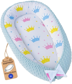 Leanbe Babynest 90x50 cm – Babynestchen für Neugeborene, Nestchen Baby aus Baumwolle & Polyester, Bettnestchen für Winter/Herbst, Baby Nest Set für Indoor & Outdoor (MINKY BLAU - KRONEN)