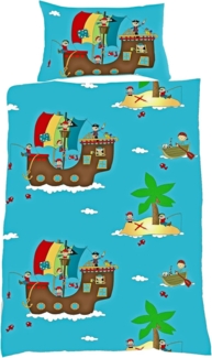 JACK Babybettwäsche 100x135 cm Piratenschiff Pirat Schatz Fleuresse, Biber, 2 teilig, Babybettwäsche für kleine Piraten und Abenteurer