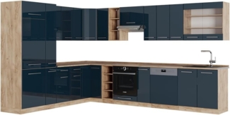 Eckküche Fame-Line Dunkelblau Hochglanz/Goldkraft Eiche 347 x 46 cm ohne Arbeitsplatte Vicco