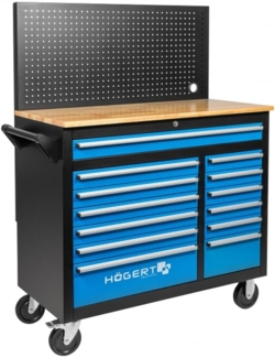 Högert Technik Werkstattschrank mit Wandpaneel, 13 Schubladen, 500 kg Tragkraft, TPR-Räder, abschließbar, robuste Konstruktion, ideal für Werkstätten und Garagen