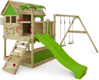 FATMOOSE Spielturm Klettergerüst TikaTaka mit Schaukel & apfelgrüner Rutsche, Stelzenhaus mit Sandkasten, Leiter & Spiel-Zubehör