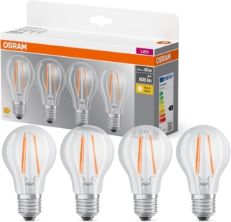 OSRAM LED BASE A60, Vorteilspack mit 4 Leuchtmittel, ersetzt herkömmliche 60W Glühbirnen, 6.5W, warmweiß (2700K), Filament Glas, nicht dimmbar, Birnenform, E27