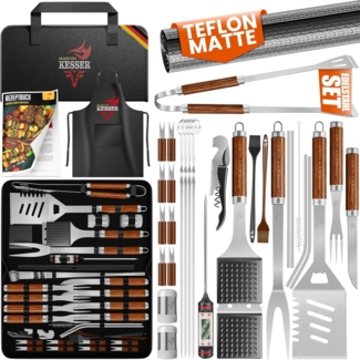 KESSER® Grillbesteck Set 37-teilig Grillzubehör aus rostfreiem Edelstahl Grillset mit Grillzange, Grillwender, 4in1 Grillspatel, Grillgabel, Grill-Spieß, Thermometer, Korkenzieher, Grillmatte & Tasche Braun