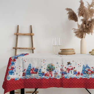PENSIERI DELICATI, Rechteckige Tischdecke, 145x250 cm, 100% Panama-Baumwolle, für 12 Personen, Digitaldruck in hoher Auflösung, Motiv: Schneemänner, Rot