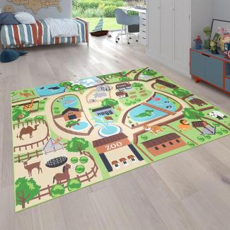 Paco Home Kinderteppich Bino 563, rechteckig, Höhe: 4 mm, Kurzflor, Straßen-Spiel-Teppich, Motiv Zoo, Kinderzimmer