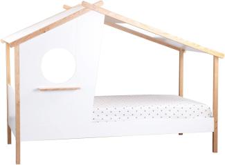 Möbilia Bett Bett für Kinder, Hausform, weiß, 90x200 cm MDF, Pinie L = 220 x B = 102 x H = 159 cm weiß, natur