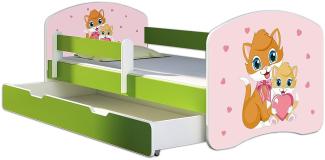 ACMA Kinderbett Jugendbett mit Einer Schublade und Matratze Grün mit Rausfallschutz Lattenrost II 140x70 160x80 180x80 (33 Miezekatzen, 140x70 + Bettkasten)