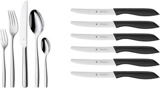 WMF Palma Besteck Set 12 Personen, Essbesteck 60 teilig Monobloc-Messer & Classic Line Frühstücksmesser Set 6-teilig 23 cm, Brötchenmesser Wellenschliff, Brotzeitmesser, schwarz