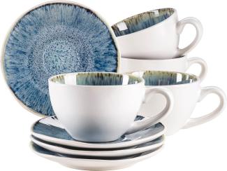 Kaffeetassen Set mit Untertassen fr 4 Personen aus schner Keramik, Cappuccinotassen mit gesprenkelter Glasur, organische Formen im Vintage Look; Blau