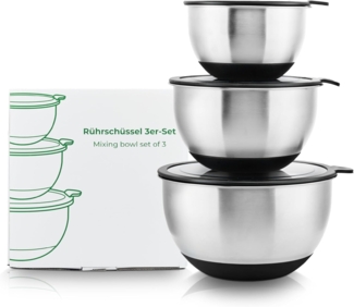 Wundermix Rührschüssel Edelstahl Rührschüssel 3er-Set mit Deckel, 1,5 L + 3 L + 5 L / Perfekt stapelbar