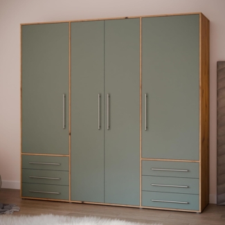 Forte MOKKARO Kleiderschrank 205, Geräumiger Schrank mit 4 Drehtüren und 6 Schubladen, Artisan Eiche Dekor/Salbei, 205,9 cm breit, 200 cm hoch, 53 cm tief