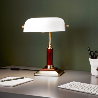 Lightbox Schreibtischlampe Bankers Lamp Tischleuchte Kopf schwenkbar 34cm Höhe Schalter 1x E27 Glas/Metall/Holz, messing antik