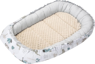 Medi Partners Babynest Kuschelnest Babynestchen 100% Baumwolle Nestchen Reisebett für Babys Säuglinge 100 x 60 x 15 cm herausnehmbarer Einsatz (Mint Zoo mit beige Minky)