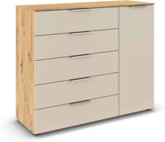 Rauch Möbel Flipp, Kommode für Schlafzimmer, Kinderzimmer, Wohnzimmer, Jugendzimmer, Flur, Garderobe, 1-türig, 5 Schubladen, mit Softclose-Funktion, Farbe Eiche Artisan, Holz/Beige, Breite 120 cm