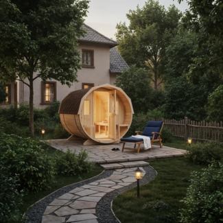 FinnTherm Fass-Sauna Sam mit 2 Sitzbänken, 40 mm Wandstärke, Außensauna, mit Montagematerial (B x T x H): 220 x 280 x 228 cm Ausführung: Premium-Thermoholz, ohne Ofen