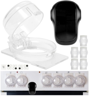 Herd Kindersicherung Set, für 6 Knöpfe, transparenter Kleber, mit Backofentür Babysicherung in Schwarz, für max. Ø 4,9 cm und 4 cm hohe Herdknöpfe mit min. 6,1 cm Abstand Mitte-Mitte, Herdschutz Kit