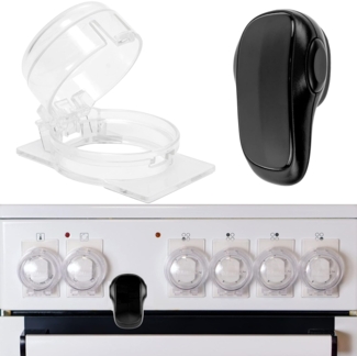 Herd Kindersicherung Set, für 6 Knöpfe, transparenter Kleber, mit Backofentür Babysicherung in Schwarz, für max. Ø 4,9 cm und 4 cm hohe Herdknöpfe mit min. 6,1 cm Abstand Mitte-Mitte, Herdschutz Kit