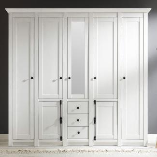 Großer Landhaus Kleiderschrank WINGST-61 mit Spiegel und Kleiderstankgen im Pinie weiß Nb. B/H/T ca. 227 x 206 x 64 cm