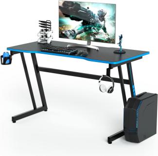 COSTWAY 119cm Gaming Tisch Z-förmig, Computertisch mit Getränkehalter, Kopfhörerhaken, Gamepad-Halterung, Ergonomischer Schreibtisch, Arbeitstisch Büro PC-Tisch (Schwarz-Blau)