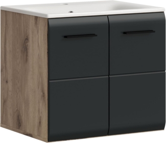 xonox. home – Waschtisch Ice 60 x 55 x 46 cm inkl. Waschbecken in Korpus Nox Oak Nachbildung und Front schwarz matt – Waschplatz für Badezimmer in Holzoptik – modern & kompakt