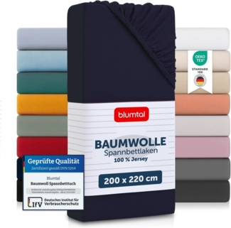 Blumtal® Spannbettlaken 200x220 cm Basics Jersey - Bettbezug 200x220 cm aus 100% Baumwolle - Oeko-TEX zertifiziertes Spannbetttuch 200x220 cm - Spannleintuch 200x220 - Laken - Dark Ocean Blue - Blau