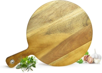 Sendez Pizzaschneidebrett mit Griff Holzbrett Vesperbrett Käsebrett Pizzateller Schneidebrett, Akazienholz, mit Griff