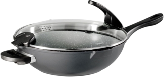 STONELINE Wok, Aluminium (Set, 2-tlg, 1 Wok, 1 Sieb-Glasdeckel, 1 langer Griff, 2 kurze Griffe), mit echten Steinpartikeln, induktionsgeeignet, Designed in Germany