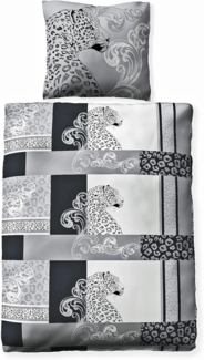 JACK Bettwäsche 135x200 cm Leopard Schwarz Grau Weiß, Biber, 2 teilig, Leo Leomuster in Schwarz Offwhite und Grau
