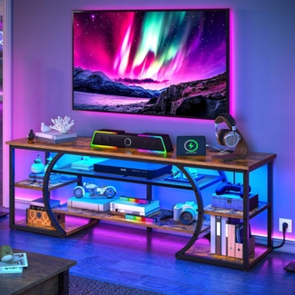 YITAHOME 160cm TV Schrank mit 2 AC & 2 USB Steckdose für Fernseher bis 70 Zoll mit 7 RGB LED 22 Mode Lichter Unterhaltungszentrum Lowboard für Wohnzimmer und Schlafzimmer Rustik Braun