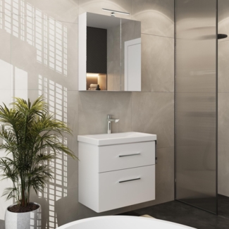 Planetmöbel Waschtischunterschrank 64cm mit Spiegelschrank Badmöbel Set für Badezimmer Gäste WC Weiß