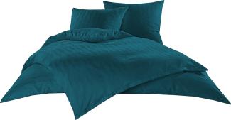 Bettwaesche-mit-Stil Mako Satin Damast Bettwäsche Waves petrolblau Garnitur 240x220cm