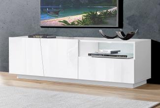 Dmora Wohnzimmer TV-Ständer, Made in Italy, TV-Ständer mit 2 Türen und 1 Schublade, cm 150x43h46, glänzend weiße Farbe