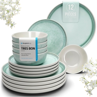 Steingut Geschirrset 4 Personen Ibiza 12 tlg. TESTSIEGER, Hochwertiges Mediterranes Steingut Geschirr Set, Schüssel- und Teller Set, Tafelservice 4 Personen, Geschirrsets Pure Living in Türkis