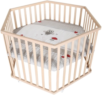 roba Laufgitter 'Adam & Eule' - Laufstall 6-eckig/hexagonal - Sicheres Spielgitter inkl. Schutzeinlage - Mobil dank Rollen - Holz natur