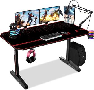 140CM Gaming Schreibtisch, T-förmig PC Gamer Schreibtisch, Arbeitsplatz Gamer Schreibtisch, professioneller Gaming Tisch mit vollem Schreibtisch-Mauspad, Becherhalter und Kopfhörer-Haken