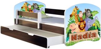 ACMA Kinderbett Jugendbett mit Einer Schublade und Matratze Wenge mit Rausfallschutz Lattenrost II 140x70 160x80 180x80 (02 Animals name, 160x80 + Bettkasten)