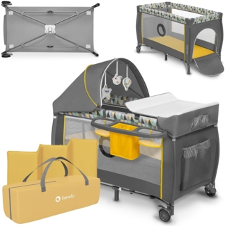 Lionelo Sven Plus 2 in 1 Baby Bett Laufstall Baby ab Geburt bis 15 kg Wickelauflage Moskitonetz luftige Seitenwände mit Seiteneingang Tragetasche zusammenklappbar (Yellow Scandi)