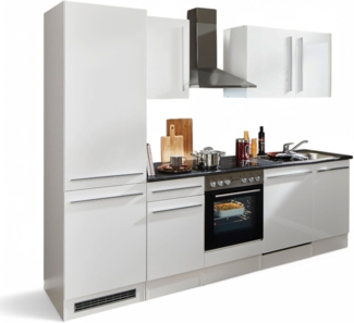 Jazz 8 Moderne Küchenzeile mit Elektrogeräten in Weiß Hochglanz, Metallic Grau - Geräumige Einbauküche mit viel Stauraum - 280 x 211 x 60 cm (B/H/T)