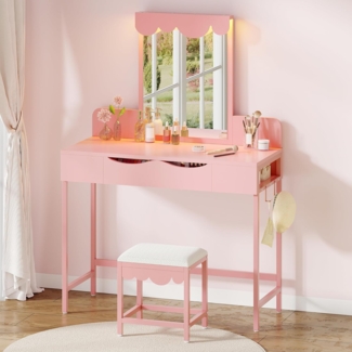 Schminktisch mit Beleuchtung,Stoffschubladen Frisiertisch mit Spiegel Schubladen Einstellbarer Helligkeit,Schminktische mit Türen, Make up Tisch mit Schmuckablage Verstellbaren Ablagen,Holzfarbe