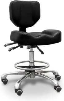 QUIRUMED Hydraulischer Hocker mit Rückenlehne, Sitz und Fußstütze, Schwarz, Polsterung aus Kunstleder, verchromter Stahl, rutschfest, ergonomisch, Tamaño único