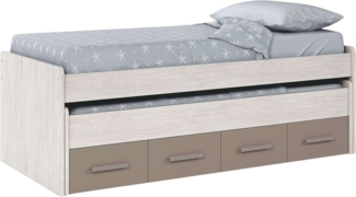 Dmora - Kinderbett Spokane, Bettgestell für Schlafzimmer, Einzelbett mit ausziehbarem Bett und 4 Schubladen, 198 x 96 x 69 cm, Weiß und Braun