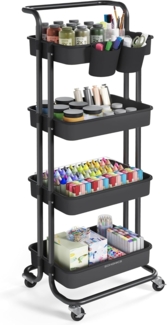 SONGMICS Rollwagen, 4 Ebenen, Servierwagen, Küchenwagen mit Griff, 2 kleine Einhängefächer, 2 Bremsen, Ablagefächer aus Kunststoff, einfacher Aufbau, Schlafzimmer, schwarz BSC077BZ01