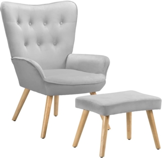 BAKAJI Sessel mit Hocker, Sessel mit Sitzsack, Fußstütze für Wohnzimmer, gepolsterter Schlafzimmerstuhl mit weichem Samtbezug, hohe Armlehnen, modernes Design (Grau)