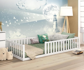 CADANI Teso Kinderbett 90x200 cm Montessori Bodenbett mit Rausfallschutz inkl. Lattenrost, Kiefer Massivholz, weiß - 3 Aufbauvarianten, bis 150 kg belastbar