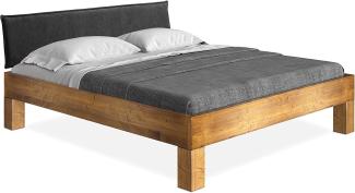 Möbel-Eins CURBY 4-Fuß-Bett mit Polster-Kopfteil, Material Massivholz, rustikale Altholzoptik, Fichte vintage 90 x 200 cm Standardhöhe Stoff Anthrazit ohne Steppung