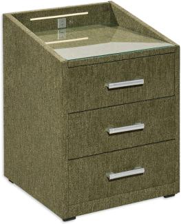 Stella Trading MOON Nachttisch Boxspringbett, Brego Olive - Funktionaler Nachtschrank mit USB-Anschluss und LED-Beleuchtung - 47 x 61 x 46 cm (B/H/T)