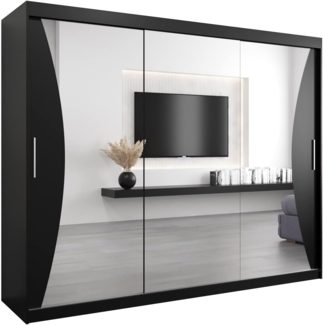 Kryspol Schwebetürenschrank Monaco 250 cm mit Spiegel Kleiderschrank mit Kleiderstange und Einlegeboden Schlafzimmer- Wohnzimmerschrank Schiebetüren Modern Design (Schwarz)